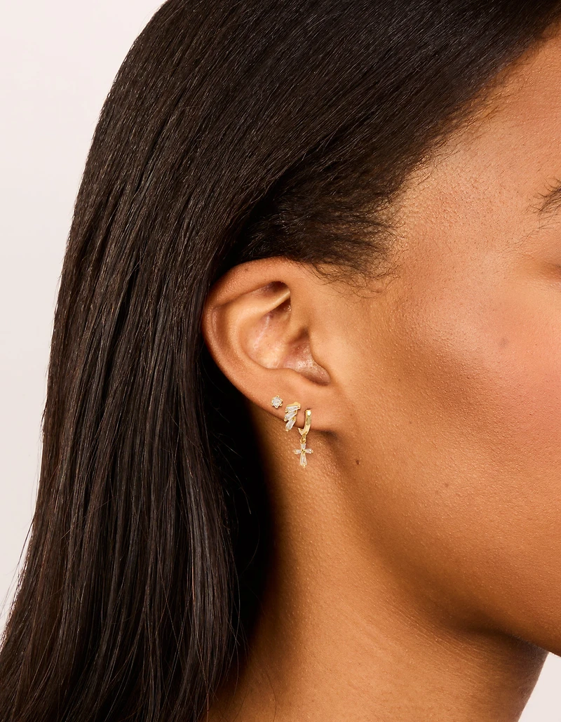 Gold Plated Cubic Zirconia Baguette Trio Studs & Cross Huggie Earrings 3-Pack