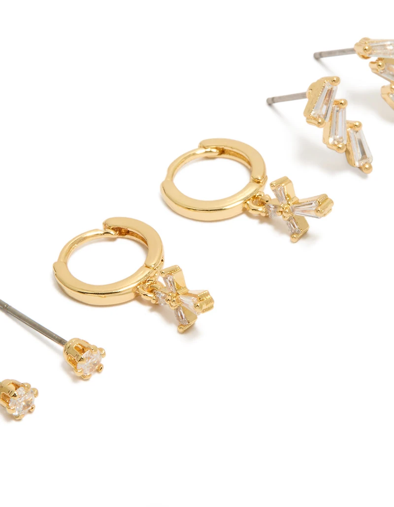 Gold Plated Cubic Zirconia Baguette Trio Studs & Cross Huggie Earrings 3-Pack