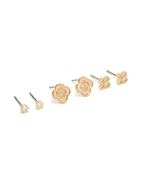 Boucles d'oreilles à puces en forme de fleur, plaquées or et serties de zirconiums cubiques (lot de 3)