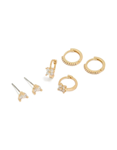 Gold Plated Cubic Zirconia Mini Flower Huggie & Stud Earrings 3-Pack