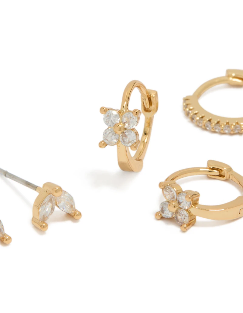 Gold Plated Cubic Zirconia Mini Flower Huggie & Stud Earrings 3-Pack