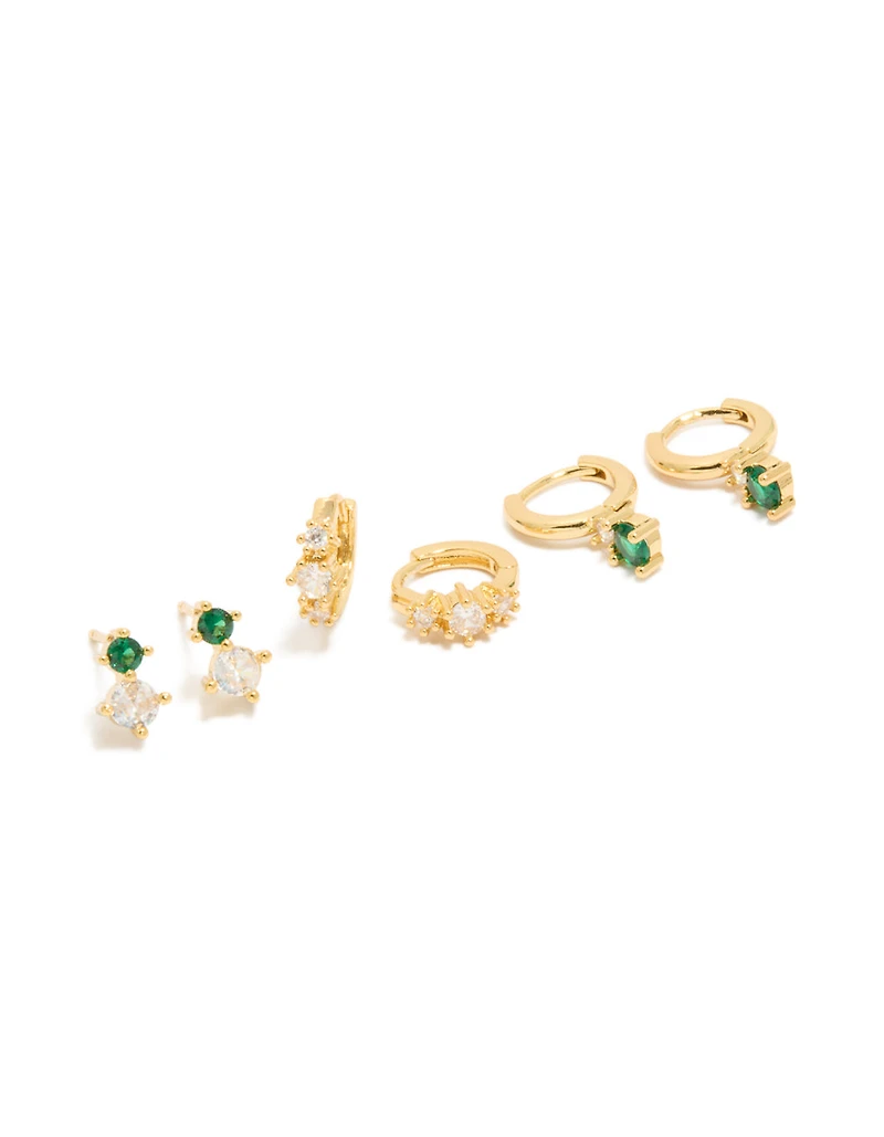 Gold Plated Green & Clear Cubic Zirconia Stud & Huggie Earrings 3-Pack