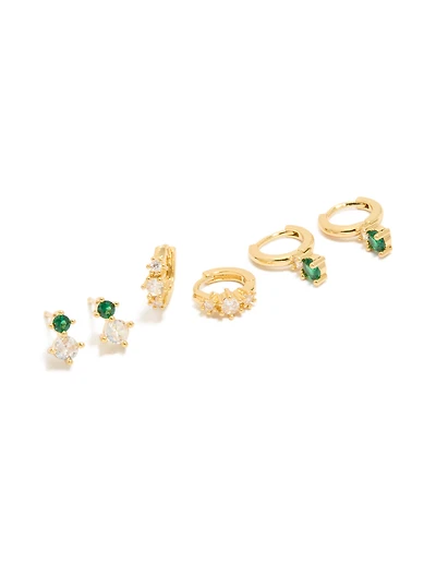Gold Plated Green & Clear Cubic Zirconia Stud & Huggie Earrings 3-Pack