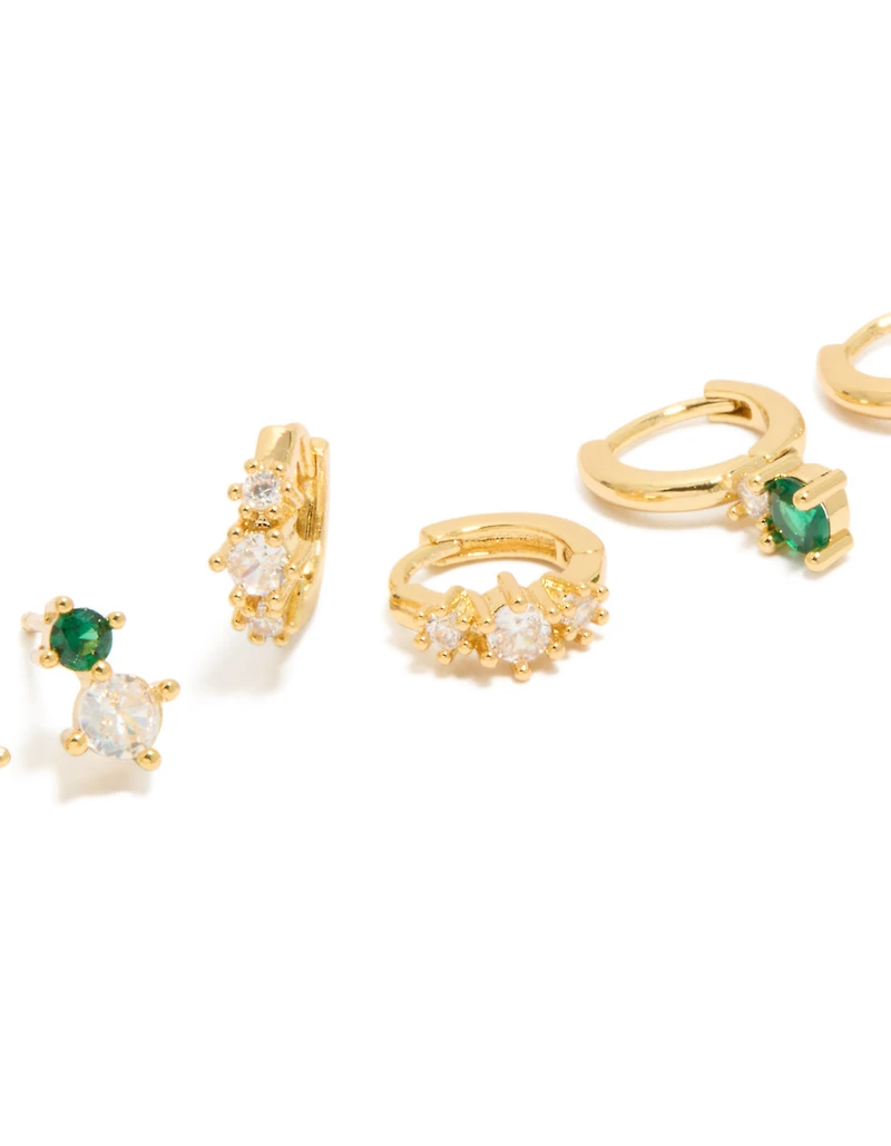 Gold Plated Green & Clear Cubic Zirconia Stud & Huggie Earrings 3-Pack