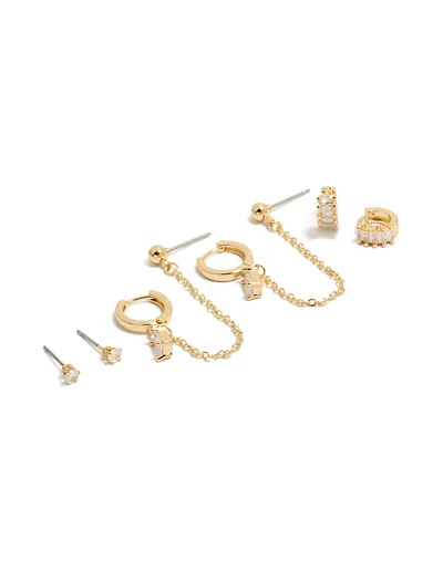 Gold Plated Baguette Chain & Huggie Earrings 4-Pack