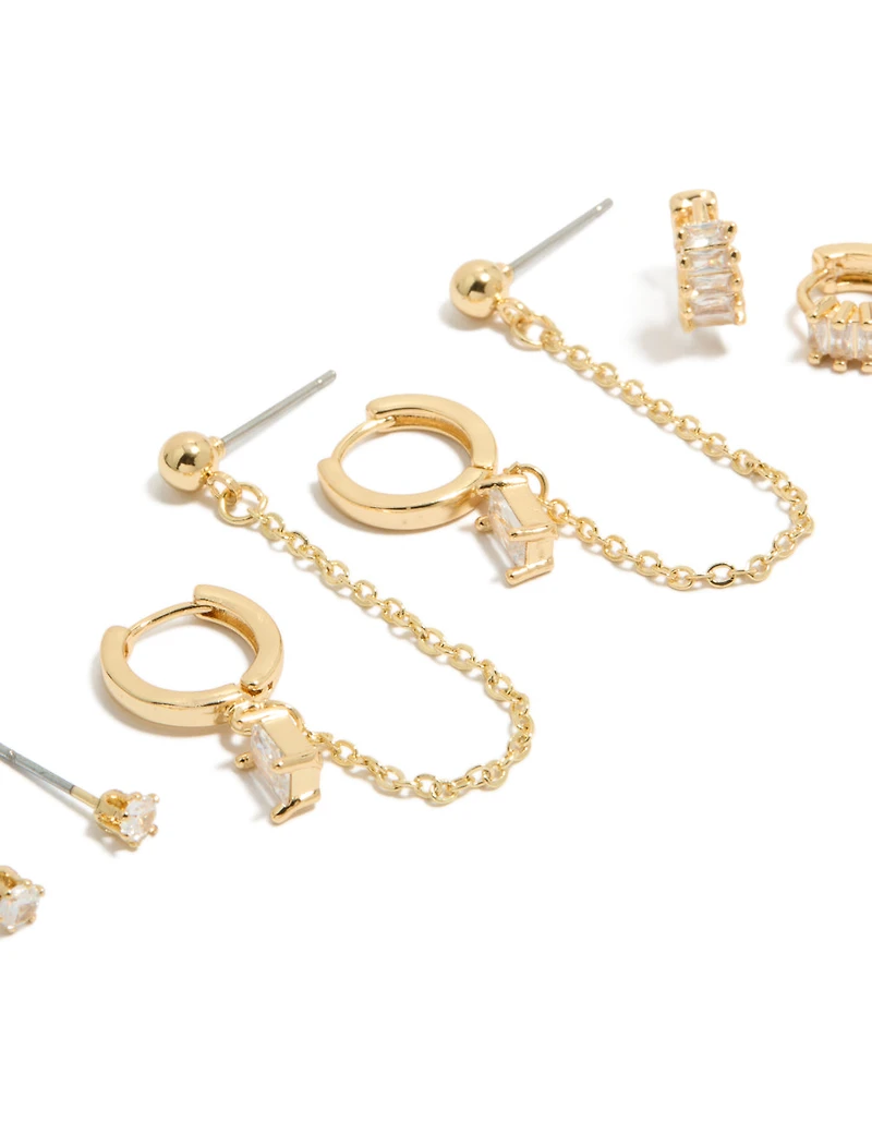 Gold Plated Baguette Chain & Huggie Earrings 4-Pack