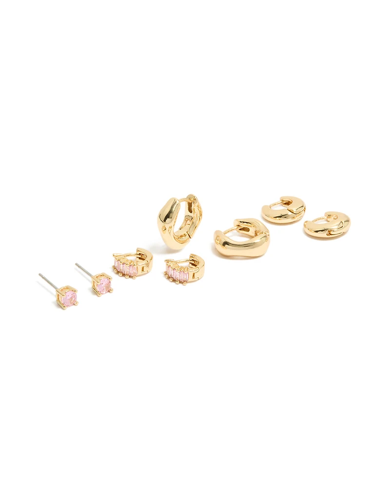 Boucles d'oreilles puces et créoles en zircone cubique rose plaqué or (lot de 4)