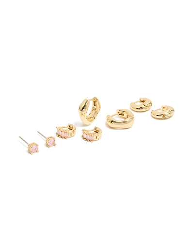Boucles d'oreilles puces et créoles en zircone cubique rose plaqué or (lot de 4)