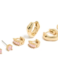 Gold Plated Pink Cubic Zirconia Stud & Huggie Earrings 4-Pack