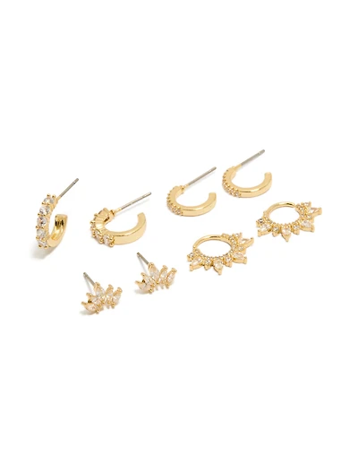 Gold Plated Cubic Zirconia Marquise Fanned Huggies & Stud Earrings 4-Pack