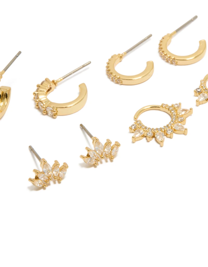 Gold Plated Cubic Zirconia Marquise Fanned Huggies & Stud Earrings 4-Pack