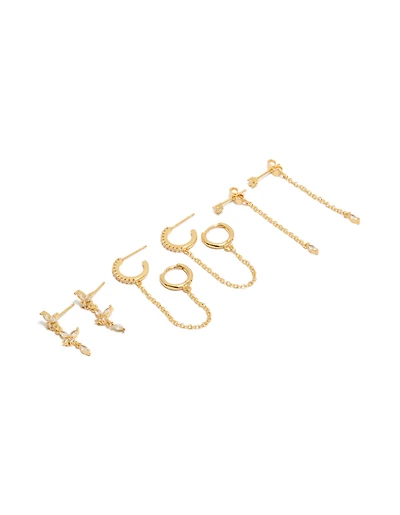 Gold Plated Cubic Zirconia Butterfly & Chain Earrings 4-Pack