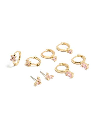 Gold Plated Pink Cubic Zirconia Flower Huggie & Stud Earrings 4-Pack