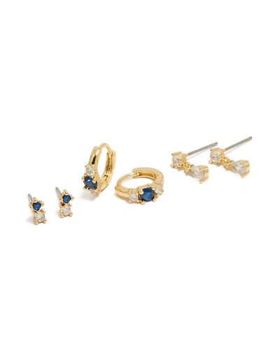 Gold Plated Mixed Cut Blue Cubic Zirconia Mini Earrings 3-Pack