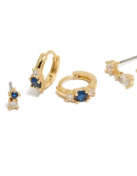 Gold Plated Mixed Cut Blue Cubic Zirconia Mini Earrings 3-Pack