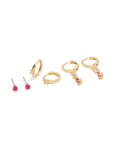 Gold Plated Dark Pink Cubic Zirconia Studs & Huggie Earrings 3-Pack