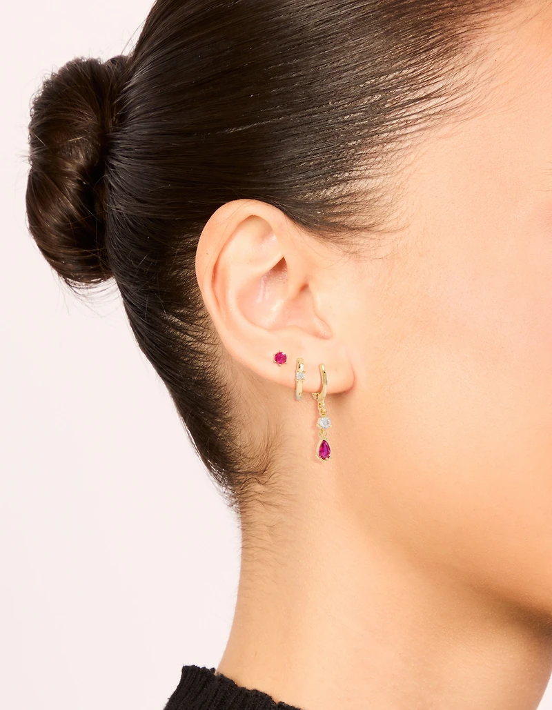 Boucles d'oreilles à puces et créoles en zircone cubique rose foncé plaquées or (paquet de 3)