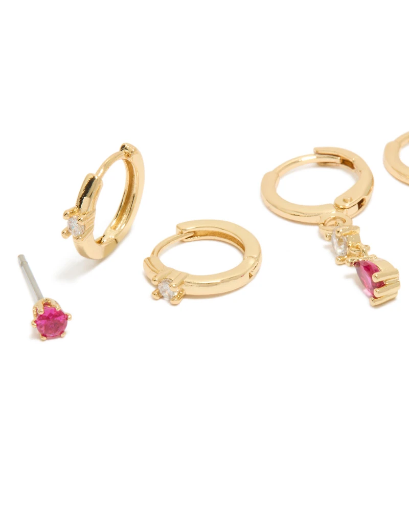 Gold Plated Dark Pink Cubic Zirconia Studs & Huggie Earrings 3-Pack