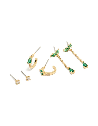 Gold Plated Clear & Green Cubic Zirconia Pear Chain & Stud Earrings 3-Pack