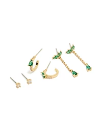 Gold Plated Clear & Green Cubic Zirconia Pear Chain & Stud Earrings 3-Pack