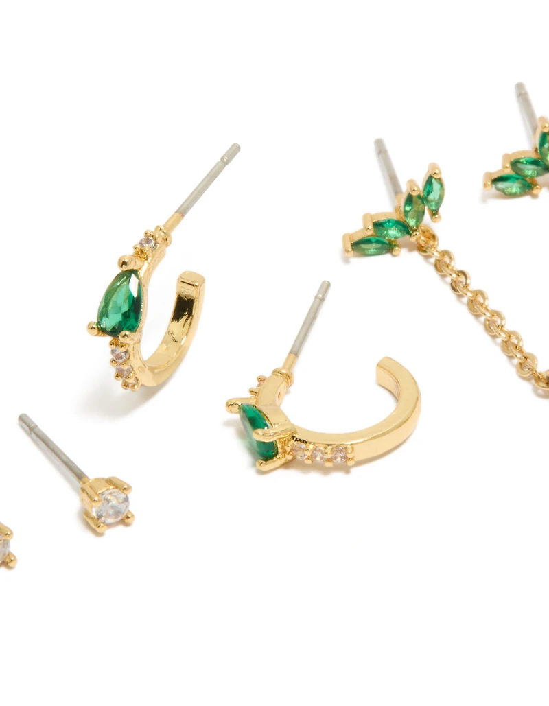 Gold Plated Clear & Green Cubic Zirconia Pear Chain & Stud Earrings 3-Pack