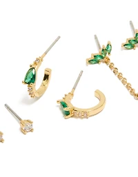 Gold Plated Clear & Green Cubic Zirconia Pear Chain & Stud Earrings 3-Pack