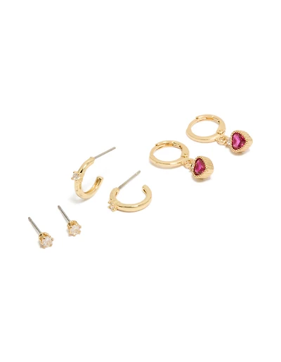 Gold Plated Cubic Zirconia Studs & Heart Huggie Earrings 3-Pack