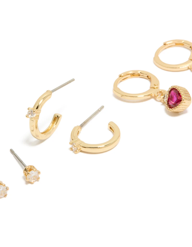 Gold Plated Cubic Zirconia Studs & Heart Huggie Earrings 3-Pack