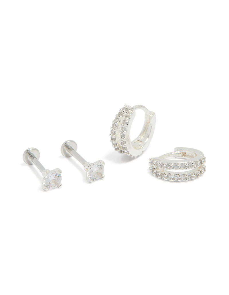 Silver Plated Brass Flat Back Studs & Huggie Earrings Pack