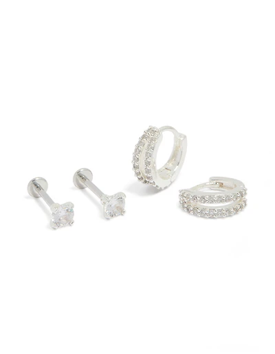 Silver Plated Brass Flat Back Studs & Huggie Earrings Pack