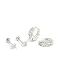 Silver Plated Brass Flat Back Studs  & Huggie Earrings Pack