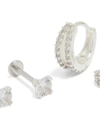 Silver Plated Brass Flat Back Studs  & Huggie Earrings Pack
