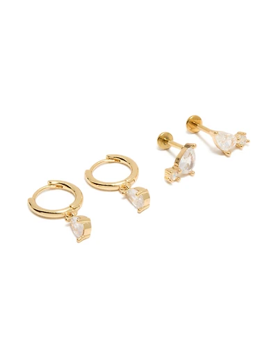 Gold Plated Cubic Zirconia Teardrop Flat Back Studs & Huggie Earrings Pack
