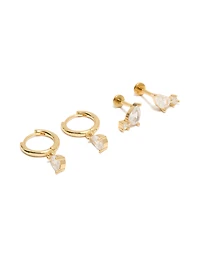 Gold Plated Cubic Zirconia Teardrop Flat Back Studs & Huggie Earrings Pack