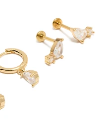 Gold Plated Cubic Zirconia Teardrop Flat Back Studs & Huggie Earrings Pack