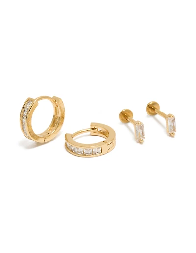 Gold Plated Cubic Zirconia Baguette Flat Back Studs & Hoops Pack