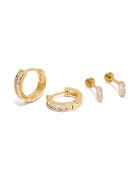Gold Plated Cubic Zirconia Baguette Flat Back Studs & Hoops Pack