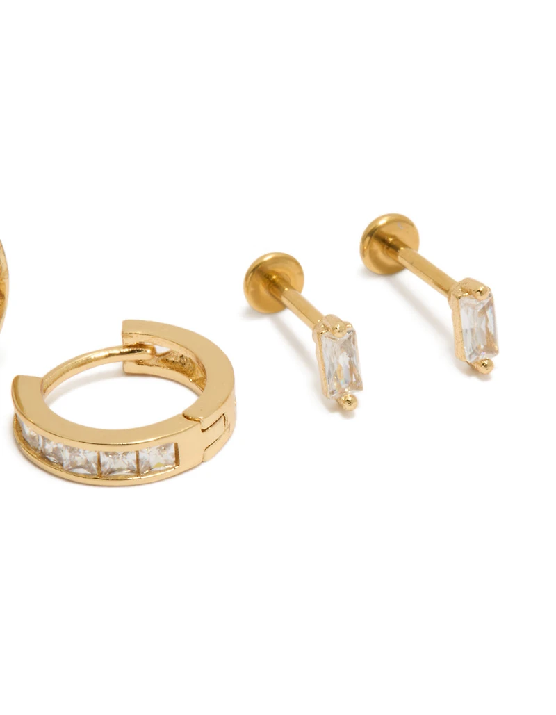 Gold Plated Cubic Zirconia Baguette Flat Back Studs & Hoops Pack