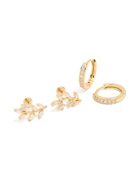 Gold Plated Brass Vine Flat Back Studs & Huggie Earrings Pack