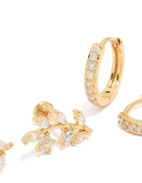 Gold Plated Brass Vine Flat Back Studs & Huggie Earrings Pack