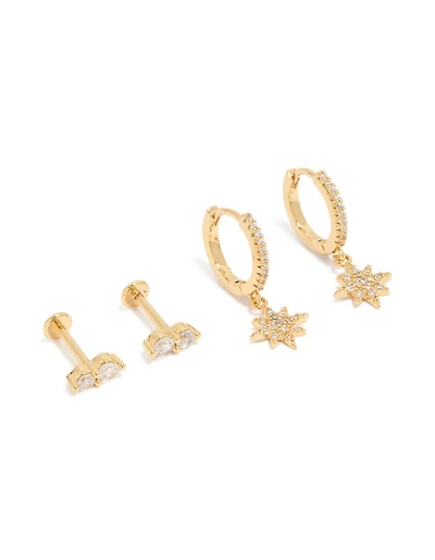 Gold Plated Brass Star Flat Back Studs & Huggie Earrings Pack