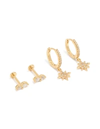 Gold Plated Brass Star Flat Back Studs & Huggie Earrings Pack