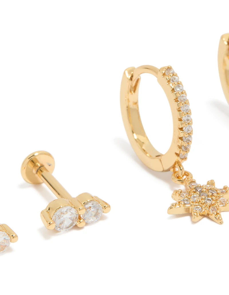 Gold Plated Brass Star Flat Back Studs & Huggie Earrings Pack