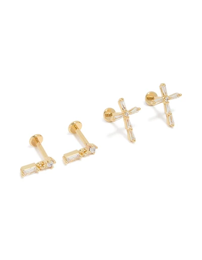 Gold Plated Brass Baguette & Cross Flat Back Studs 2-Pack