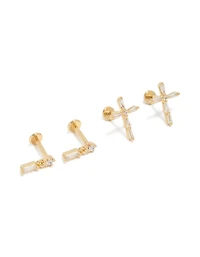Gold Plated Brass Baguette & Cross Flat Back Studs 2-Pack