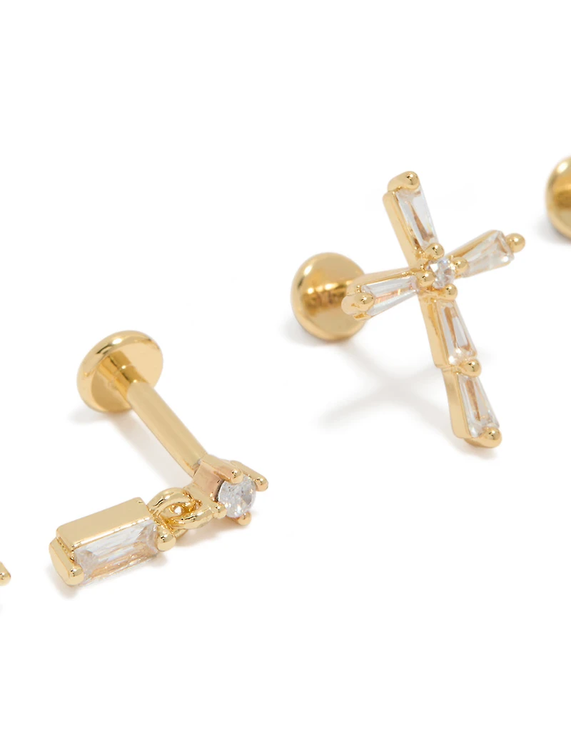 Gold Plated Brass Baguette & Cross Flat Back Studs 2-Pack