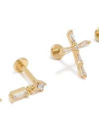 Gold Plated Brass Baguette & Cross Flat Back Studs 2-Pack