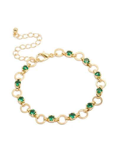 Gold Plated Alternating Round Green Cubic Zirconia Link Bracelet