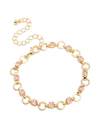 Gold Plated Alternating Pink Cubic Zirconia Round Link Bracelet