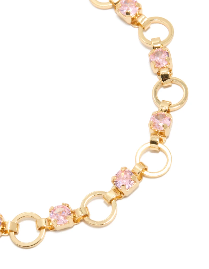 Gold Plated Alternating Pink Cubic Zirconia Round Link Bracelet